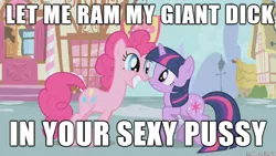 Size: 610x343 | Tagged: caption, derpibooru import, edit, edited screencap, image macro, implied futa, implied sex, meme, pinkie pie, possible rape, screencap, suggestive, twilight sparkle, vulgar