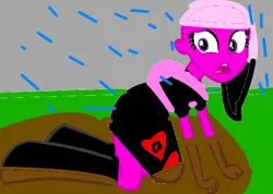 Size: 489x349 | Tagged: safe, artist:zoemelody, derpibooru import, oc, oc:melody heart, unofficial characters only, equestria girls, equestria girls-ified, mud, rain, solo