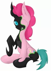 Size: 1927x2683 | Tagged: artist:iados, changeling, derpibooru import, fangs, pinkie pie, safe, solo, transformation