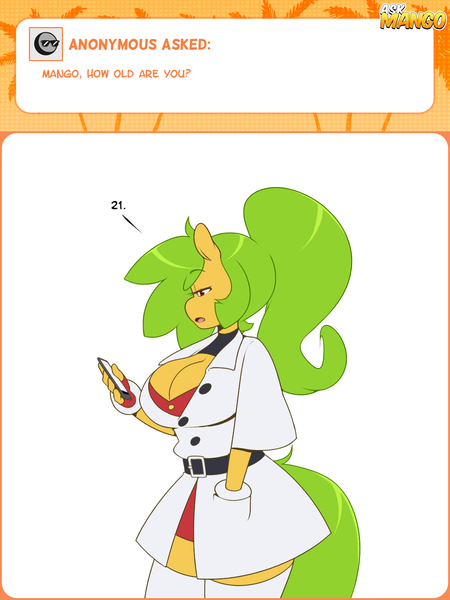 Size: 1200x1600 | Tagged: anthro, anthro oc, artist:3mangos, ask, ask mango, big breasts, breasts, cleavage, clothes, derpibooru import, female, iphone, lab coat, oc, oc:mango, safe, solo, tumblr, unofficial characters only