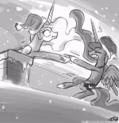 Size: 833x862 | Tagged: safe, artist:johnjoseco, derpibooru import, princess celestia, princess luna, alicorn, pony, chimney, christmas is cancelled, duo, female, grayscale, hat, mare, monochrome, pulling, request, royal sisters, santa hat, stuck