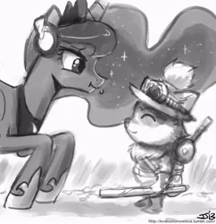 Size: 833x862 | Tagged: safe, artist:johnjoseco, derpibooru import, princess luna, alicorn, pony, gamer luna, :t, backpack, crossover, crouching, cute, eyes closed, female, grayscale, hat, headset, league of legends, lidded eyes, lunabetes, mare, microphone, monochrome, scrunchy face, simple background, smiling, stick, teemo, white background