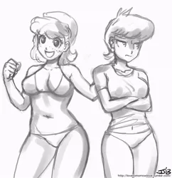 Size: 833x862 | Tagged: annoyed, artist:johnjoseco, belly button, bra, breasts, busty ms. peachbottom, chickadee, clothes, cougar, derpibooru import, female, females only, grayscale, happy, human, humanized, mature, midriff, monochrome, ms. harshwhinny, ms. peachbottom, panties, sketch, suggestive, underwear