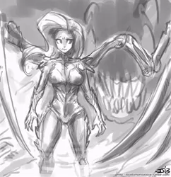 Size: 833x862 | Tagged: artist:johnjoseco, crossover, fluttershy, grayscale, human, humanized, monochrome, safe, sarah kerrigan, solo, starcraft, zerg