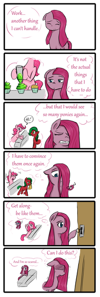 Size: 1181x3508 | Tagged: artist:drhikari, comic, comic:dealing with depression, cupcake, food, key, paper bag, pinkamena diane pie, pinkie pie, prehensile mane, safe