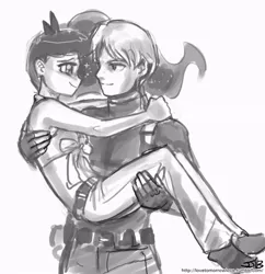 Size: 833x862 | Tagged: artist:johnjoseco, crossover, crossover shipping, derpibooru import, female, gamer luna, grayscale, human, humanized, leon s. kennedy, male, midriff, monochrome, princess luna, resident evil, resident evil 4, safe, shipping, straight