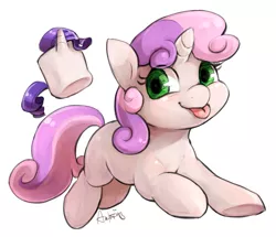 Size: 937x807 | Tagged: safe, artist:audrarius, derpibooru import, sweetie belle, pony, unicorn, female, filly, marshmallow, rarity is a marshmallow, simple background, smiling, tongue out, white background