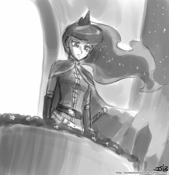 Size: 833x862 | Tagged: artist:johnjoseco, castle, derpibooru import, grayscale, human, humanized, monochrome, princess luna, sad, safe, solo