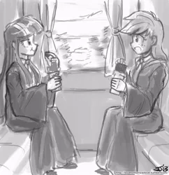 Size: 833x862 | Tagged: applejack, artist:johnjoseco, clothes, crossover, derpibooru import, grayscale, harry potter, human, humanized, monochrome, safe, schoolgirl, school uniform, train, twilight sparkle