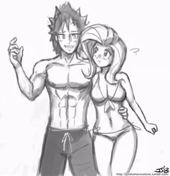 Size: 833x862 | Tagged: angry, artist:johnjoseco, bikini, breasts, clothes, crossover, crossover shipping, derpibooru import, female, final fantasy, fluttershy, grayscale, human, humanized, male, monochrome, straight, suggestive, swimming trunks, swimsuit, topless, zack fair