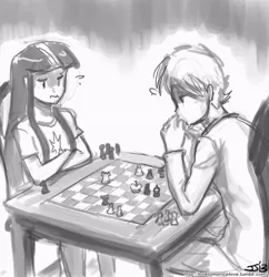 Size: 833x862 | Tagged: artist:johnjoseco, battler ushiromiya, chess, crossover, derpibooru import, grayscale, human, humanized, monochrome, safe, twilight sparkle, umineko no naku koro ni, when the seagulls cry