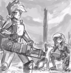 Size: 833x862 | Tagged: applejack, armor, artist:johnjoseco, bfg, brotherhood of steel, crossover, derpibooru import, dog, dogmeat, fallout, fallout 3, fallout 4, fluttershy, gatling laser, grayscale, human, humanized, monochrome, power armor, powered exoskeleton, recon armor, safe, t-45d, washington monument