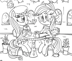 Size: 900x764 | Tagged: safe, artist:daniel-sg, derpibooru import, applejack, rarity, female, lesbian, monochrome, rarijack, shipping, sketch