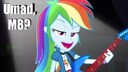 Size: 1920x1080 | Tagged: safe, derpibooru import, edit, edited screencap, screencap, rainbow dash, equestria girls, rainbow rocks, awesome as i wanna be, awesome as i want to be, caption, guitar, image macro, meme, rainbow dash is best facemaker, solo, trollface, u mad