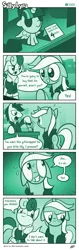Size: 739x2326 | Tagged: safe, artist:dori-to, derpibooru import, bon bon, lyra heartstrings, sweetie drops, twilight sparkle, twilight sparkle (alicorn), alicorn, earth pony, pony, unicorn, comic:silly lyra, blushing, clothes, comic, dialogue, female, green background, greenscale, hoodie, jacket, male, mare, monochrome, nervous, plushie, purchase, silly lyra, simple background, stallion, sweat