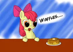 Size: 4850x3454 | Tagged: safe, artist:dash4700, derpibooru import, apple bloom, cute, drool, simple background, solo, starstruck, syrup, table, tongue out, waffle