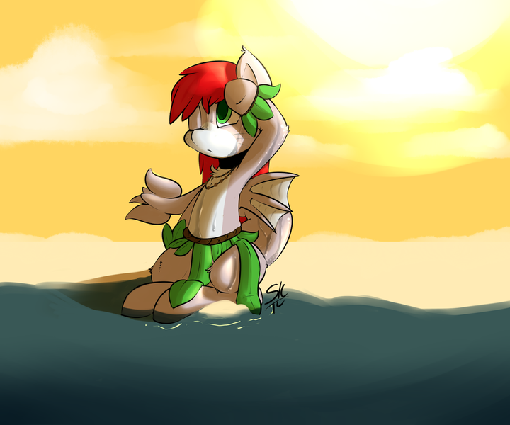 Size: 1024x853 | Tagged: artist:serendipity-kitty, beach, clothes, cute, derpibooru import, female, grass skirt, kelpie, leaf skirt, mare, merpony, oc, ocean, oc:scylla, original species, outfit, safe, shark pony, skirt, solo, unofficial characters only