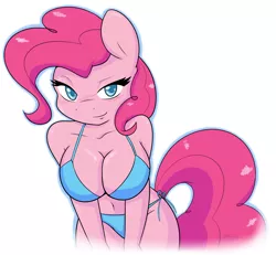 Size: 2220x2048 | Tagged: anthro, artist:ambris, bedroom eyes, belly button, bikini, boobs squeezing body, breasts, busty pinkie pie, cleavage, clothes, derpibooru import, female, looking at you, pinkie pie, side-tie bikini, smiling, solo, solo female, string bikini, suggestive, swimsuit