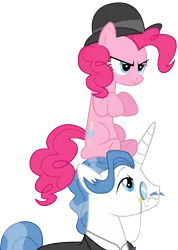 Size: 7139x10000 | Tagged: safe, artist:discorded, derpibooru import, fancypants, pinkie pie, too many pinkie pies, absurd resolution, hat, ponies riding ponies, pony hat, simple background, transparent background, vector