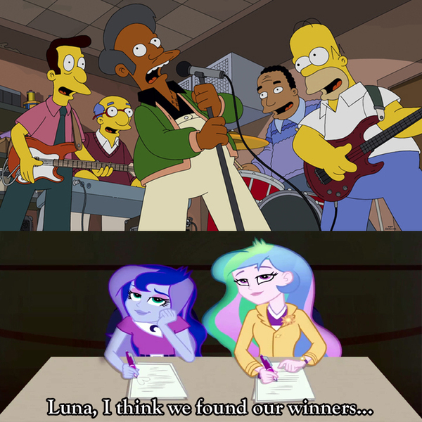 Size: 720x720 | Tagged: safe, derpibooru import, edit, screencap, princess celestia, princess luna, equestria girls, apu nahasapeemapetilon, battle of the bands, covercraft, crossover, dr hibbert, homer simpson, kirk van houten, principal celestia, principal-vice principal judges you, reverend lovejoy, the simpsons, vice principal luna