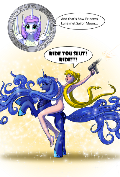 Size: 1200x1767 | Tagged: artist:thatkirinartist, breasts, derpibooru import, description is relevant, dragon, female, gun, human, humans riding ponies, nudity, oc, oc:seraphi, princess luna, questionable, riding, sailor moon, sideboob, submachinegun, tsukino usagi, vulgar