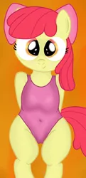 Size: 1472x3038 | Tagged: apple bloom, artist:an-tonio, artist:lord waite, belly button, cameltoe, clothes, colored, derpibooru import, female, filly, foalcon, one-piece swimsuit, show accurate, solo, solo female, suggestive, swimsuit