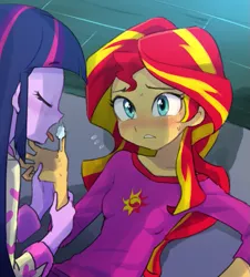 Size: 589x651 | Tagged: source needed, useless source url, suggestive, artist:baekgup, derpibooru import, sunset shimmer, twilight sparkle, twilight sparkle (alicorn), equestria girls, rainbow rocks, blushing, breasts, clothes, eyes closed, female, lesbian, licking, open mouth, pajamas, shipping, sunsetsparkle, sweat, tongue out, whipped cream
