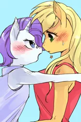 Size: 500x750 | Tagged: safe, artist:pasikon, derpibooru import, applejack, rarity, anthro, bandaid, blushing, eye contact, female, frown, glare, hug, lesbian, open mouth, rarijack, shipping, sweatdrop