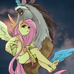 Size: 660x660 | Tagged: suggestive, artist:pasikon, derpibooru import, discord, fluttershy, anthro, plantigrade anthro, barefoot, breasts, discoshy, feet, female, male, nudity, shipping, small breasts, straight, toes