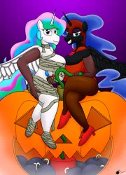 Size: 3158x4382 | Tagged: anthro, artist:gunpowdergreentea, big breasts, bomb, breasts, busty nightmare moon, busty princess celestia, candy, derpibooru import, dynamite, explosives, female, halloween, huge breasts, impossibly large breasts, jack-o-lantern, nightmare moon, nudity, plantigrade anthro, princess celestia, princess luna, suggestive