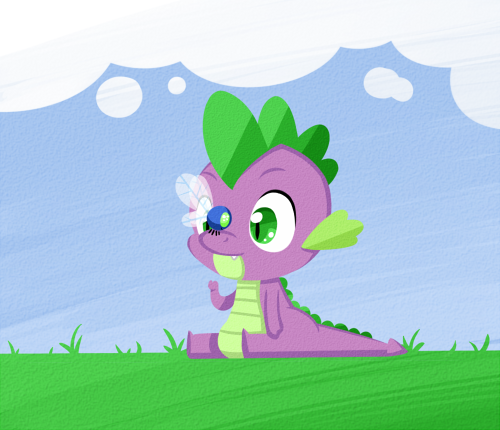 Size: 500x430 | Tagged: safe, artist:nami-tsuki, derpibooru import, spike, dragon, parasprite, baby, baby dragon, cloud, cute, fangs, field, grass, green eyes, male, sitting, sky, solo, spikabetes