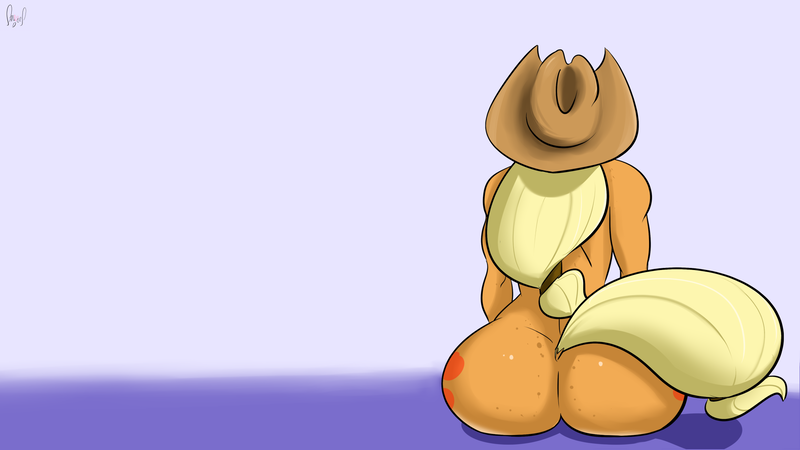 Size: 1920x1080 | Tagged: anthro, applebutt, applejack, artist:sanders, ass, butt freckles, derpibooru import, female, freckles, questionable, solo, solo female, wallpaper, wallpaper for the fearless