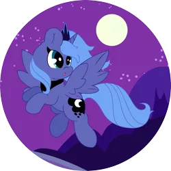 Size: 2000x2000 | Tagged: artist:midnight-st4r, derpibooru import, filly, flying, moon, night, :o, princess luna, safe, solo, woona