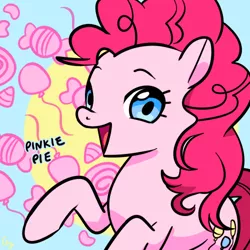 Size: 500x500 | Tagged: safe, artist:magneticskye, derpibooru import, pinkie pie, pony, balloon, candy, cute, diapinkes, food, open mouth, solo