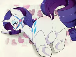 Size: 1600x1200 | Tagged: dead source, suggestive, artist:rainbowscreen, derpibooru import, rarity, pony, unicorn, bridle, dock, face down ass up, featureless crotch, female, implied anus, looking at you, plot, solo, solo female, underhoof