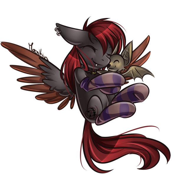 Size: 1100x1100 | Tagged: safe, artist:moenkin, derpibooru import, oc, oc:spiral night, unofficial characters only, bat, pegasus, pony, clothes, colored wings, colored wingtips, cute, fangs, piercing, simple background, socks, striped socks, transparent background