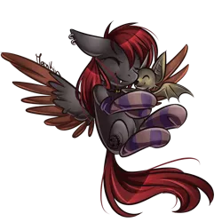 Size: 1100x1100 | Tagged: safe, artist:moenkin, derpibooru import, oc, oc:spiral night, unofficial characters only, bat, pegasus, pony, clothes, colored wings, colored wingtips, cute, fangs, piercing, simple background, socks, striped socks, transparent background