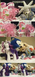 Size: 1000x2194 | Tagged: artist:segamew, brushable, crossover, derpibooru import, irl, photo, pinkie pie, plushie, rainbow dash, rarity, safe, silver the hedgehog, sonic the hedgehog, sonic the hedgehog (series), toshiba, toy