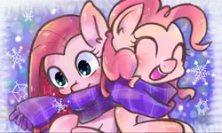 Size: 512x308 | Tagged: safe, artist:miki 14, derpibooru import, pinkie pie, earth pony, pony, blushing, clothes, duality, eyes closed, happy, pinkamena diane pie, scarf, self ponidox, shared clothing, shared scarf, snow, snowfall, snowflake