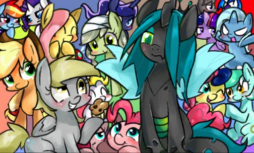 Size: 512x308 | Tagged: safe, artist:miki 14, derpibooru import, applejack, bon bon, derpy hooves, fluttershy, jinx, lyra heartstrings, octavia melody, pinkie pie, princess luna, queen chrysalis, rainbow dash, rarity, surprise, sweetie drops, trixie, twilight sparkle, twilight sparkle (alicorn), vinyl scratch, alicorn, earth pony, pegasus, pony, unicorn, duality, female, mane six, mare, muffin, pinkamena diane pie