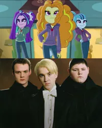 Size: 1159x1446 | Tagged: safe, derpibooru import, screencap, adagio dazzle, aria blaze, sonata dusk, equestria girls, rainbow rocks, comparison, draco malfoy, gregory goyle, harry potter, slytherin, the dazzlings, vincent crabbe