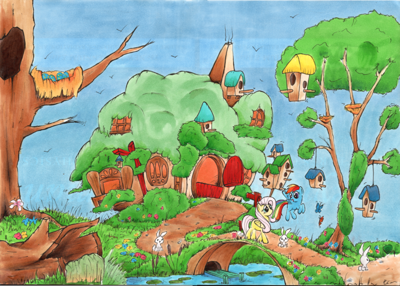 Size: 2000x1427 | Tagged: artist:ecmonkey, bird, bird house, blank flank, butterfly, cottage, derpibooru import, flower, fluttershy, lilypad, log, nest, rabbit, rainbow dash, safe