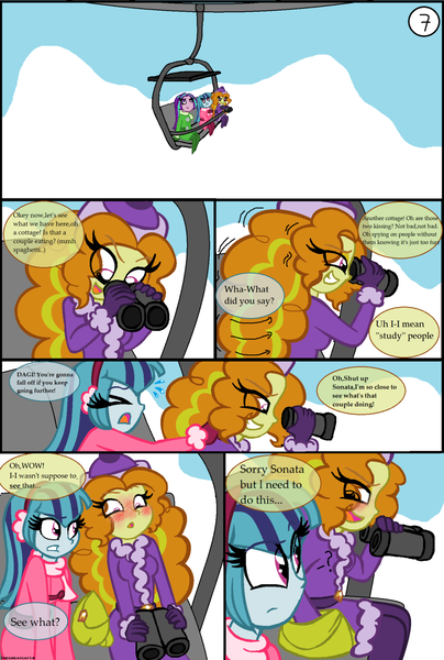 Size: 1024x1520 | Tagged: safe, artist:queentigrel, derpibooru import, adagio dazzle, aria blaze, sonata dusk, equestria girls, rainbow rocks, a dazzling winter, binoculars, blushing, comic, the dazzlings, voyeurism