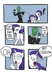 Size: 640x960 | Tagged: suggestive, artist:varemia, derpibooru import, rarity, oc, oc:anon, ponified, human, pony, unicorn, comic, dialogue, disgusted, exclamation point, female, mare, open mouth, plot, smiling, speech bubble, that's kind of hot