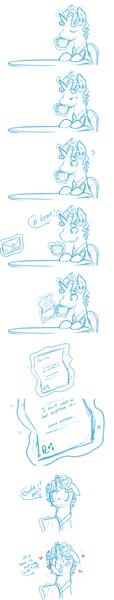 Size: 1115x5889 | Tagged: artist:nolycs, bed mane, comic, derpibooru import, elusive, female, love letter, magic, male, monochrome, morning ponies, mug, rarilusive, rarity, rule 63, safe, selfcest, shipping, sketch, solo, straight, stubble