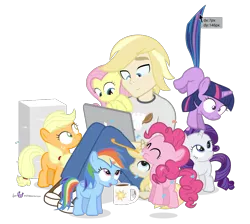 Size: 1140x1020 | Tagged: safe, artist:dm29, derpibooru import, applejack, fluttershy, pinkie pie, rainbow dash, rarity, twilight sparkle, oc, oc:colin nary, earth pony, human, pegasus, pony, unicorn, coffee mug, computer, cross-eyed, cursor, cute, female, filly, filly applejack, filly fluttershy, filly pinkie pie, filly rainbow dash, filly rarity, filly twilight sparkle, frown, hanging by tail, human ponidox, image, julian yeo is trying to murder us, laptop computer, mane six, milestone, open mouth, party horn, png, puffy cheeks, simple background, sitting, smiling, suspended, tail pull, transparent background, wide eyes, younger