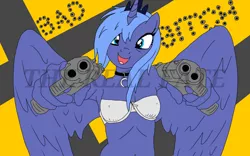 Size: 1920x1200 | Tagged: anthro, armpits, artist:therealfate, badass, belly button, bra, breasts, clothes, collar, dead source, derpibooru import, dual pistols, female, gun, partial nudity, pistol, princess luna, s1 luna, solo, solo female, strapless, suggestive, swearing, underwear, vulgar, watermark