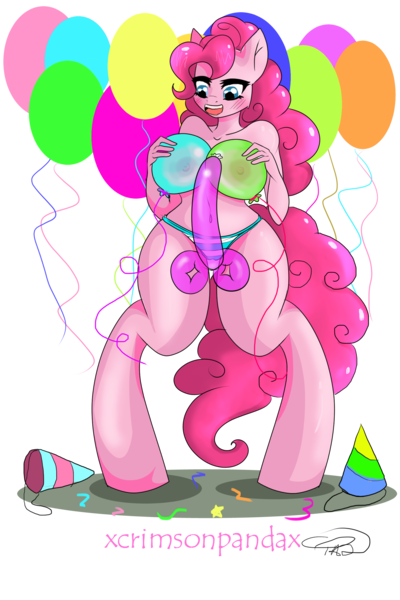 Size: 1600x2400 | Tagged: anthro, artist:xcrimsonpandax, balloon, breasts, breast squeeze, clothes, derpibooru import, dildo, female, nipples, nudity, panties, pinkie pie, questionable, sex toy, teasing, underwear