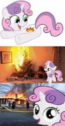 Size: 499x958 | Tagged: arson, christmas is cancelled, christmas tree, comic, cutie mark, derpibooru import, disaster girl, fire, irl, meme, photo, ponies in real life, pyro belle, pyromaniac, selfie, semi-grimdark, sweetie belle, sweetiedumb, sweetie fail, that escalated quickly, tree, vector