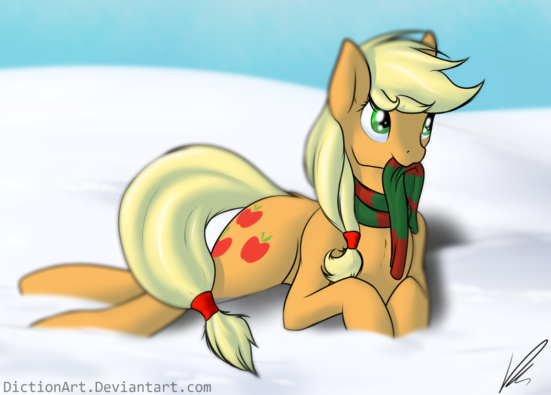 Size: 1024x734 | Tagged: applejack, artist:diction, clothes, derpibooru import, mouth hold, prone, safe, scarf, snow, solo